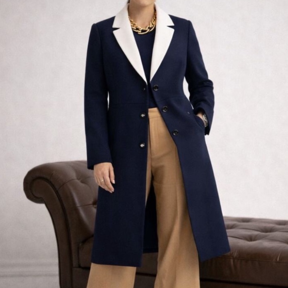 J. Crew 100% Wool Topcoat Contrast Lapel Double Serge Wool Navy Blue White 10 - Picture 8 of 9
